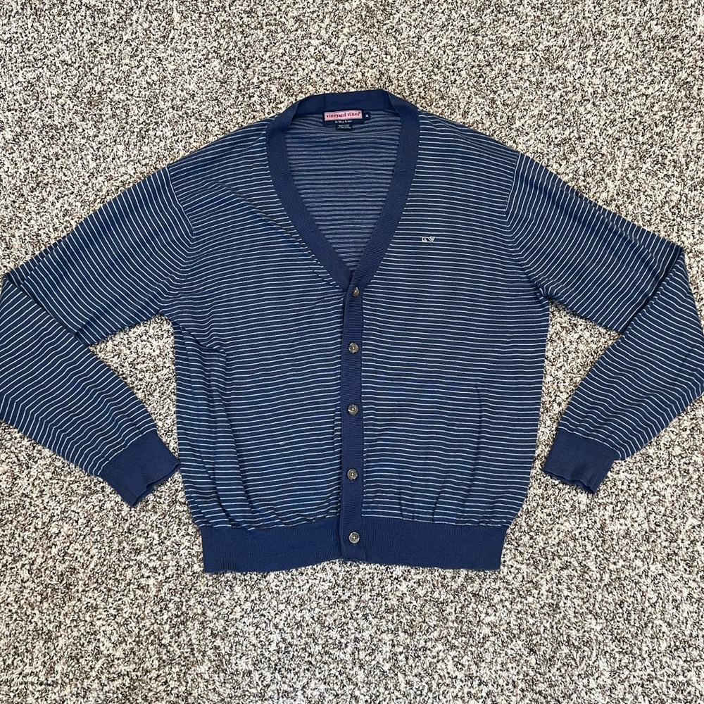 Vineyard Vines Men XL Navy Blue White Striped Cardigan 5 Button Cotton Wool Long